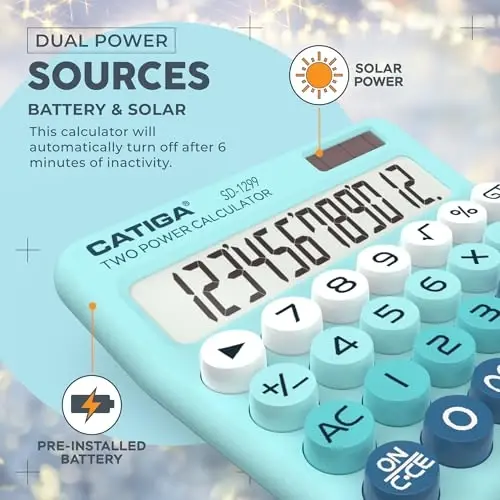 CATIGA Mechanical Switch Calculator with Solar and Battery Dual Power, 12-Digit Large LCD Display, Aesthetic and Cute Desktop Calculator with Big Button, for Home, School and Office Use, SD-1299 - 5