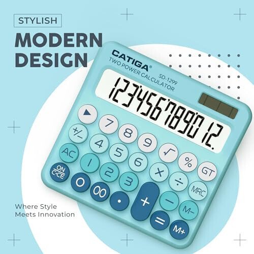 CATIGA Mechanical Switch Calculator with Solar and Battery Dual Power, 12-Digit Large LCD Display, Aesthetic and Cute Desktop Calculator with Big Button, for Home, School and Office Use, SD-1299 - 6