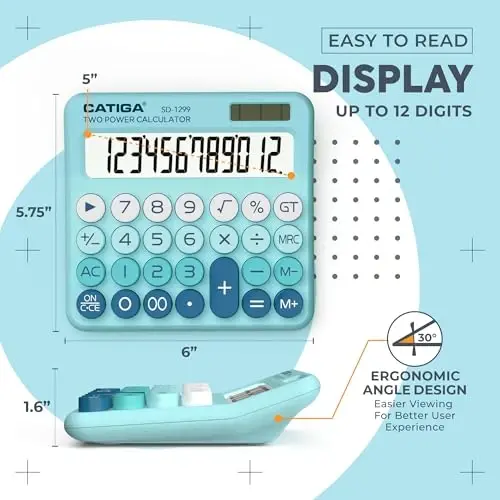 CATIGA Mechanical Switch Calculator with Solar and Battery Dual Power, 12-Digit Large LCD Display, Aesthetic and Cute Desktop Calculator with Big Button, for Home, School and Office Use, SD-1299 - 2