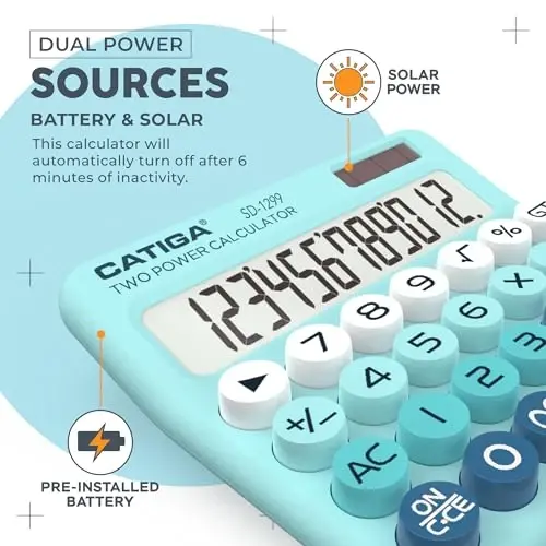 CATIGA Mechanical Switch Calculator with Solar and Battery Dual Power, 12-Digit Large LCD Display, Aesthetic and Cute Desktop Calculator with Big Button, for Home, School and Office Use, SD-1299 - 3