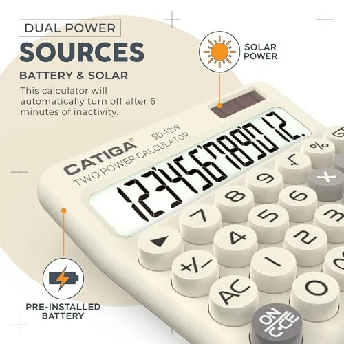 CATIGA Mechanical Switch Calculator with Solar and Battery Dual Power, 12-Digit Large LCD Display, Aesthetic and Cute Desktop Calculator with Big Button, for Home, School and Office Use, SD-1299 - 4