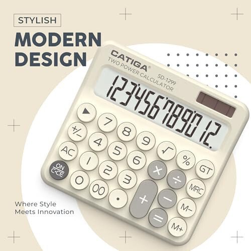 CATIGA Mechanical Switch Calculator with Solar and Battery Dual Power, 12-Digit Large LCD Display, Aesthetic and Cute Desktop Calculator with Big Button, for Home, School and Office Use, SD-1299 - 7