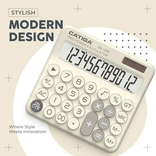 CATIGA Mechanical Switch Calculator with Solar and Battery Dual Power, 12-Digit Large LCD Display, Aesthetic and Cute Desktop Calculator with Big Button, for Home, School and Office Use, SD-1299 - 7