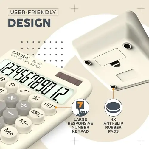 CATIGA Mechanical Switch Calculator with Solar and Battery Dual Power, 12-Digit Large LCD Display, Aesthetic and Cute Desktop Calculator with Big Button, for Home, School and Office Use, SD-1299 - 4