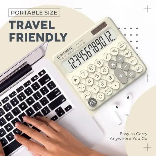 CATIGA Mechanical Switch Calculator with Solar and Battery Dual Power, 12-Digit Large LCD Display, Aesthetic and Cute Desktop Calculator with Big Button, for Home, School and Office Use, SD-1299 - 5