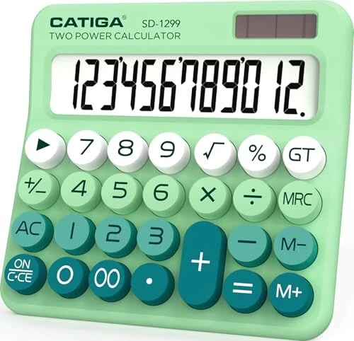CATIGA Mechanical Switch Calculator with Solar and Battery Dual Power, 12-Digit Large LCD Display, Aesthetic and Cute Desktop Calculator with Big Button, for Home, School and Office Use, SD-1299 - 1