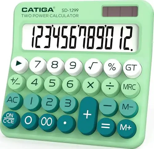 CATIGA Mechanical Switch Calculator with Solar and Battery Dual Power, 12-Digit Large LCD Display, Aesthetic and Cute Desktop Calculator with Big Button, for Home, School and Office Use, SD-1299 - 1