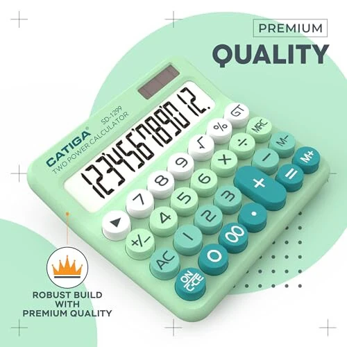 CATIGA Mechanical Switch Calculator with Solar and Battery Dual Power, 12-Digit Large LCD Display, Aesthetic and Cute Desktop Calculator with Big Button, for Home, School and Office Use, SD-1299 - 2