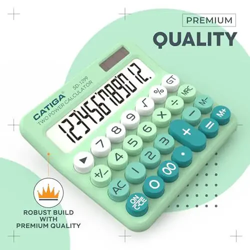CATIGA Mechanical Switch Calculator with Solar and Battery Dual Power, 12-Digit Large LCD Display, Aesthetic and Cute Desktop Calculator with Big Button, for Home, School and Office Use, SD-1299 - 2