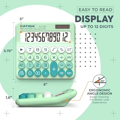 CATIGA Mechanical Switch Calculator with Solar and Battery Dual Power, 12-Digit Large LCD Display, Aesthetic and Cute Desktop Calculator with Big Button, for Home, School and Office Use, SD-1299 - 3
