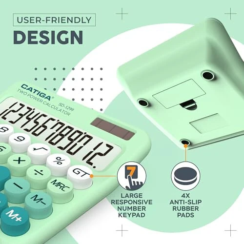 CATIGA Mechanical Switch Calculator with Solar and Battery Dual Power, 12-Digit Large LCD Display, Aesthetic and Cute Desktop Calculator with Big Button, for Home, School and Office Use, SD-1299 - 5