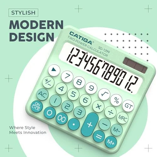 CATIGA Mechanical Switch Calculator with Solar and Battery Dual Power, 12-Digit Large LCD Display, Aesthetic and Cute Desktop Calculator with Big Button, for Home, School and Office Use, SD-1299 - 7