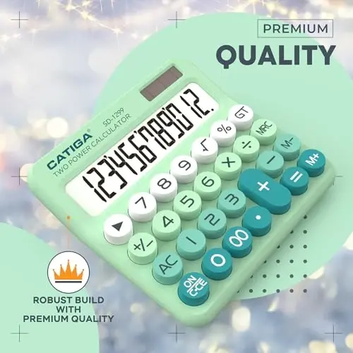 CATIGA Mechanical Switch Calculator with Solar and Battery Dual Power, 12-Digit Large LCD Display, Aesthetic and Cute Desktop Calculator with Big Button, for Home, School and Office Use, SD-1299 - 2