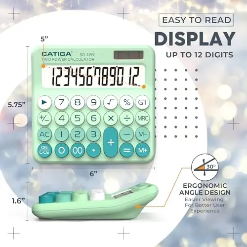 CATIGA Mechanical Switch Calculator with Solar and Battery Dual Power, 12-Digit Large LCD Display, Aesthetic and Cute Desktop Calculator with Big Button, for Home, School and Office Use, SD-1299 - 4