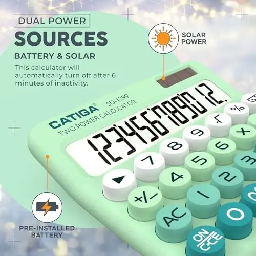 CATIGA Mechanical Switch Calculator with Solar and Battery Dual Power, 12-Digit Large LCD Display, Aesthetic and Cute Desktop Calculator with Big Button, for Home, School and Office Use, SD-1299 - 5