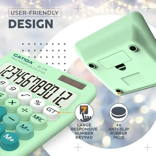CATIGA Mechanical Switch Calculator with Solar and Battery Dual Power, 12-Digit Large LCD Display, Aesthetic and Cute Desktop Calculator with Big Button, for Home, School and Office Use, SD-1299 - 6