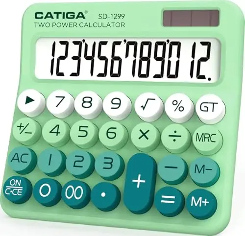 CATIGA Mechanical Switch Calculator with Solar and Battery Dual Power, 12-Digit Large LCD Display, Aesthetic and Cute Desktop Calculator with Big Button, for Home, School and Office Use, SD-1299 - CATIGA