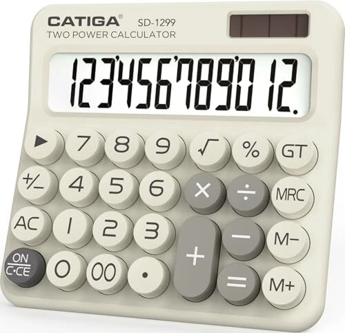 CATIGA Mechanical Switch Calculator with Solar and Battery Dual Power, 12-Digit Large LCD Display, Aesthetic and Cute Desktop Calculator with Big Button, for Home, School and Office Use, SD-1299 - 1