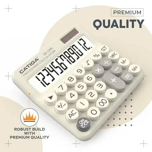 CATIGA Mechanical Switch Calculator with Solar and Battery Dual Power, 12-Digit Large LCD Display, Aesthetic and Cute Desktop Calculator with Big Button, for Home, School and Office Use, SD-1299 - 2