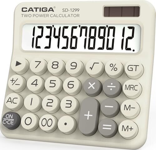 CATIGA Mechanical Switch Calculator with Solar and Battery Dual Power, 12-Digit Large LCD Display, Aesthetic and Cute Desktop Calculator with Big Button, for Home, School and Office Use, SD-1299 