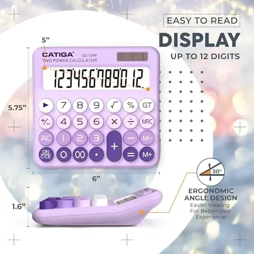 CATIGA Mechanical Switch Calculator with Solar and Battery Dual Power, 12-Digit Large LCD Display, Aesthetic and Cute Desktop Calculator with Big Button, for Home, School and Office Use, SD-1299 - 4