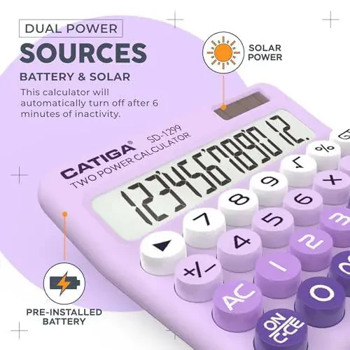 CATIGA Mechanical Switch Calculator with Solar and Battery Dual Power, 12-Digit Large LCD Display, Aesthetic and Cute Desktop Calculator with Big Button, for Home, School and Office Use, SD-1299 - 4