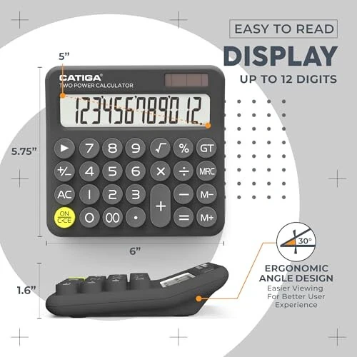 CATIGA Mechanical Switch Calculator with Solar and Battery Dual Power, 12-Digit Large LCD Display, Aesthetic and Cute Desktop Calculator with Big Button, for Home, School and Office Use, SD-1299 - CATIGA (1)