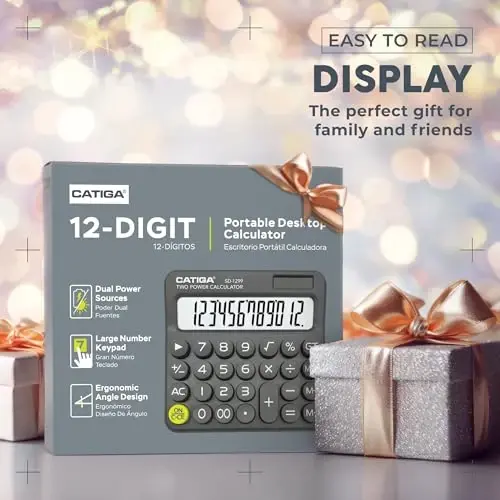 CATIGA Mechanical Switch Calculator with Solar and Battery Dual Power, 12-Digit Large LCD Display, Aesthetic and Cute Desktop Calculator with Big Button, for Home, School and Office Use, SD-1299 - 2