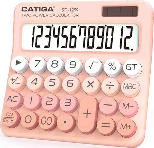 CATIGA Mechanical Switch Calculator with Solar and Battery Dual Power, 12-Digit Large LCD Display, Aesthetic and Cute Desktop Calculator with Big Button, for Home, School and Office Use, SD-1299 
