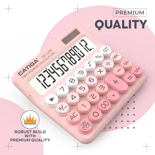 CATIGA Mechanical Switch Calculator with Solar and Battery Dual Power, 12-Digit Large LCD Display, Aesthetic and Cute Desktop Calculator with Big Button, for Home, School and Office Use, SD-1299 - CATIGA (1)