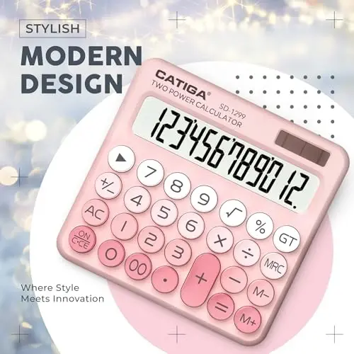CATIGA Mechanical Switch Calculator with Solar and Battery Dual Power, 12-Digit Large LCD Display, Aesthetic and Cute Desktop Calculator with Big Button, for Home, School and Office Use, SD-1299 - 2