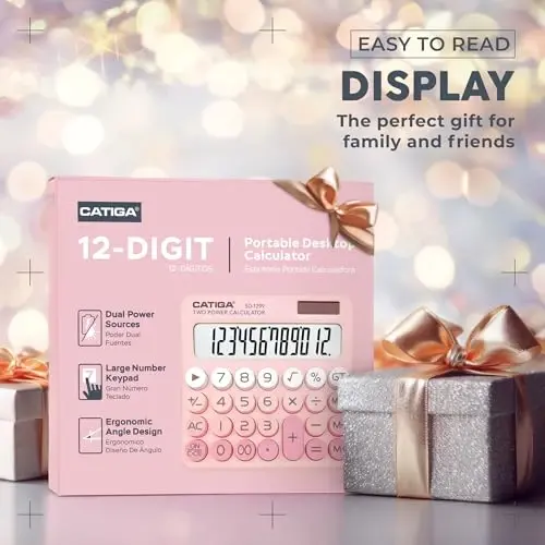 CATIGA Mechanical Switch Calculator with Solar and Battery Dual Power, 12-Digit Large LCD Display, Aesthetic and Cute Desktop Calculator with Big Button, for Home, School and Office Use, SD-1299 - 3