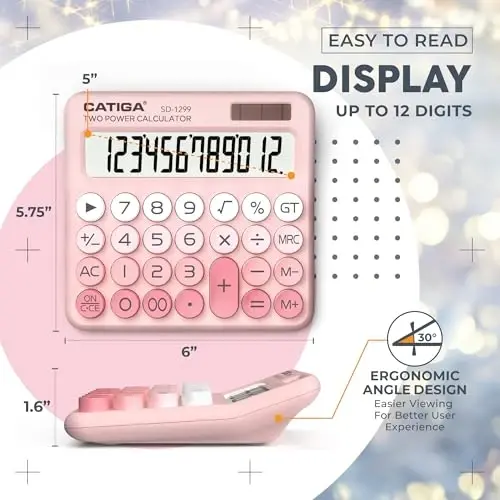 CATIGA Mechanical Switch Calculator with Solar and Battery Dual Power, 12-Digit Large LCD Display, Aesthetic and Cute Desktop Calculator with Big Button, for Home, School and Office Use, SD-1299 - 4