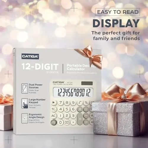 CATIGA mexanik kalit kalkulyatori Quyosh va batareyali ikki tomonlama quvvat manbai, 12 xonali katta LCD displey, Uy uygʻun va yoqimli ish stoli kalkulyatori katta tugmali, Uy, maktab va ofisda foydalanish uchun, SD-1299 - 2