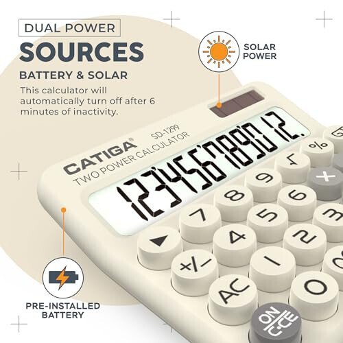 CATIGA mexanik kalit kalkulyatori Quyosh va batareyali ikki tomonlama quvvat manbai, 12 xonali katta LCD displey, Uy uygʻun va yoqimli ish stoli kalkulyatori katta tugmali, Uy, maktab va ofisda foydalanish uchun, SD-1299 - 4