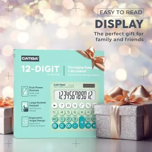 CATIGA Mexanik tugmali kalkulyator quyosh va batareyadan ishlaydigan, 12 xonali katta LCD displeyli, Uyda, maktab va ofisda foydalanish uchun katga tugmali, shirin dizayndagi hisoblash mashinasi, SD-1299 - 3