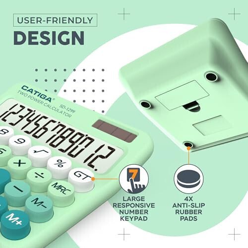 CATIGA Mexanik tugmali kalkulyator quyosh va batareyadan ishlaydigan, 12 xonali katta LCD displeyli, Uyda, maktab va ofisda foydalanish uchun katga tugmali, shirin dizayndagi hisoblash mashinasi, SD-1299 - 5