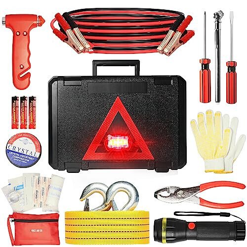 CAWWRT Car Emergency Kit, Roadside Emergency Car Kit with Warning Light Reflective Triangle, Jumper Cable, Tow Strap, Flashlight, First Aid Kit, Tire Pressure Gauge, Safety Hammer Car Tool Kit - CAWWRT