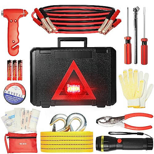 CAWWRT Car Emergency Kit, Roadside Emergency Car Kit with Warning Light Reflective Triangle, Jumper Cable, Tow Strap, Flashlight, First Aid Kit, Tire Pressure Gauge, Safety Hammer Car Tool Kit - 1