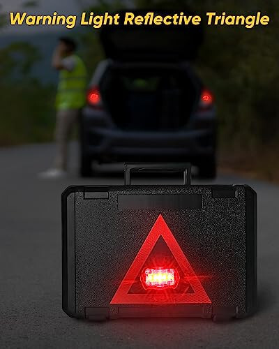 CAWWRT Car Emergency Kit, Roadside Emergency Car Kit with Warning Light Reflective Triangle, Jumper Cable, Tow Strap, Flashlight, First Aid Kit, Tire Pressure Gauge, Safety Hammer Car Tool Kit - 4
