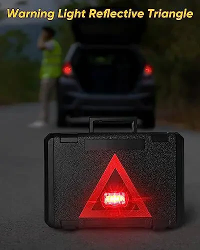 CAWWRT Автомобильный аварийный комплект, дорожный комплект с сигнальным фонарем, светоотражающим треугольником, проводами для прикуривания, буксировочным тросом, фонариком, аптечкой, манометром и аварийным молотком. - 4