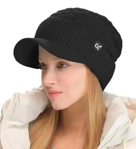 C.C Beanie Fuzzy Fleece Lining Warm Oversized Chunky Soft Stretchy Ribbed Slouchy Knit Hat with Visor Brim 