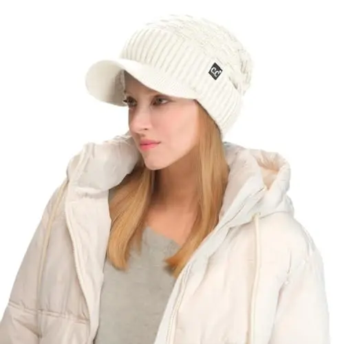 C.C Beanie Fuzzy Fleece Lining Warm Oversized Chunky Soft Stretchy Ribbed Slouchy Knit Hat with Visor Brim - C.C