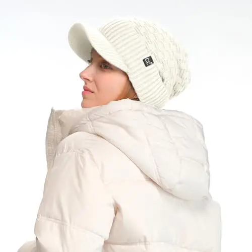 C.C Beanie Fuzzy Fleece Lining Warm Oversized Chunky Soft Stretchy Ribbed Slouchy Knit Hat with Visor Brim - C.C (1)