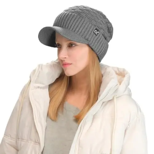 C.C Beanie Fuzzy Fleece Lining Warm Oversized Chunky Soft Stretchy Ribbed Slouchy Knit Hat with Visor Brim 