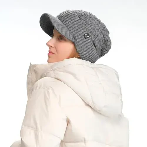 C.C Beanie Fuzzy Fleece Lining Warm Oversized Chunky Soft Stretchy Ribbed Slouchy Knit Hat with Visor Brim - C.C (1)