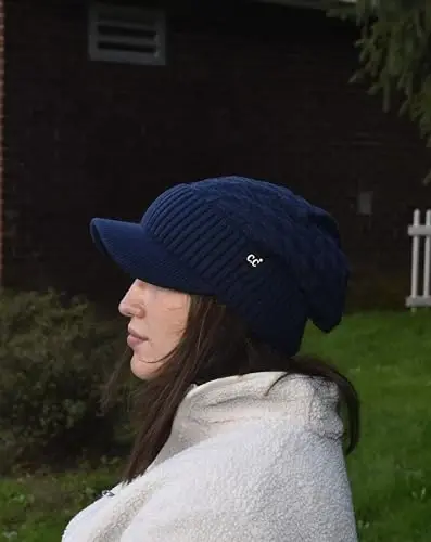 C.C Beanie Fuzzy Fleece Lining Warm Oversized Chunky Soft Stretchy Ribbed Slouchy Knit Hat with Visor Brim - 5