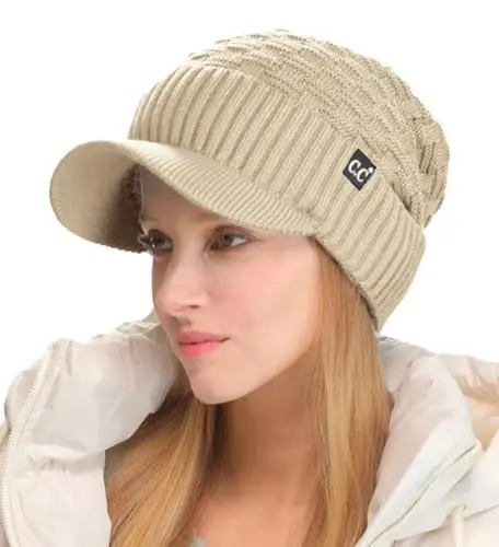 C.C Beanie Fuzzy Fleece Lining Warm Oversized Chunky Soft Stretchy Ribbed Slouchy Knit Hat with Visor Brim - C.C