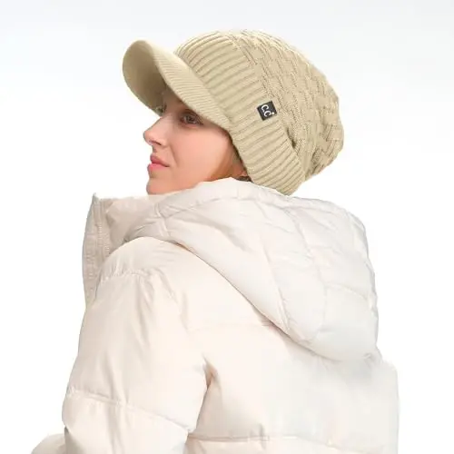 C.C Beanie Fuzzy Fleece Lining Warm Oversized Chunky Soft Stretchy Ribbed Slouchy Knit Hat with Visor Brim - 2