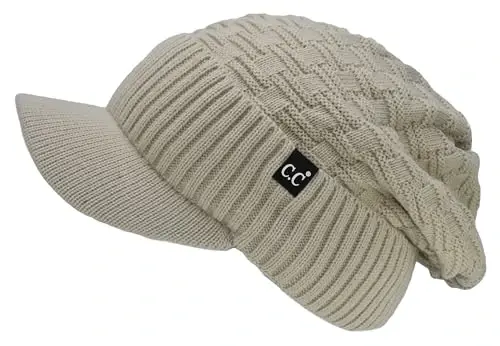 C.C Beanie Fuzzy Fleece Lining Warm Oversized Chunky Soft Stretchy Ribbed Slouchy Knit Hat with Visor Brim - 3